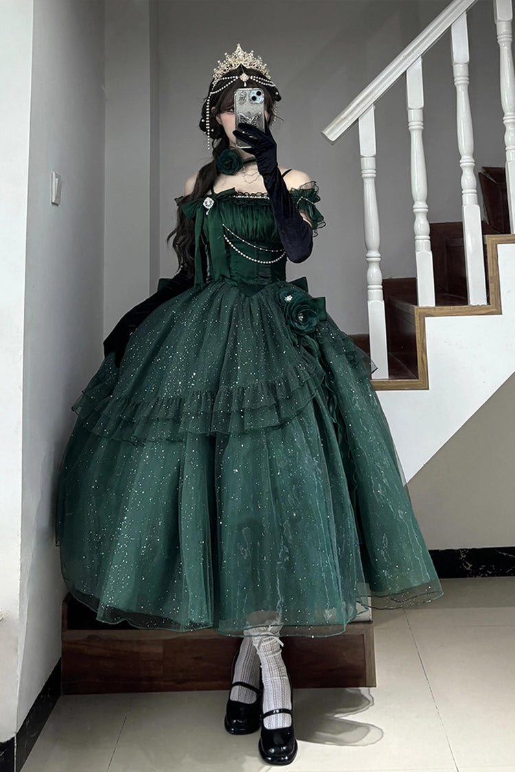 Green [Bright Stars] Off Shoulder Ruffle Bowknot Asymmetric Sweet Elegant Princess Lolita Dress