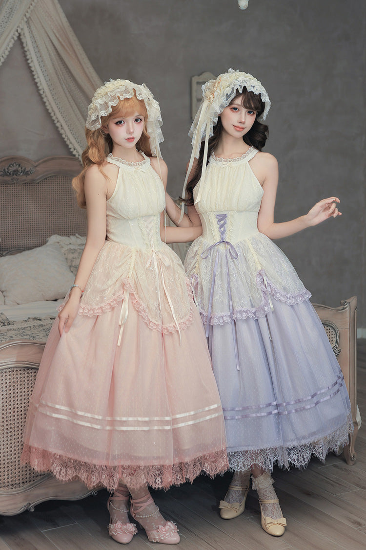 [Parfum tulipe] ensemble de robe Lolita Jsk en dentelle à volants imprimée sans manches à lacets en arête de poisson (rose/violet 2 couleurs)