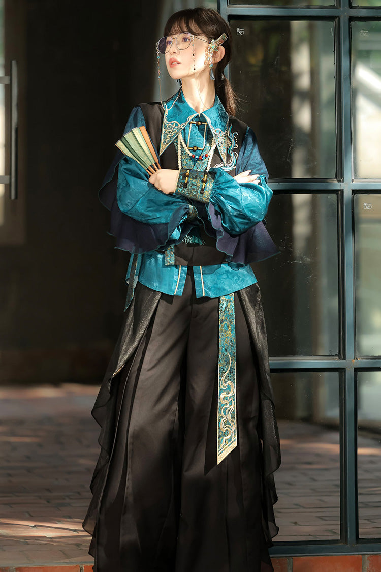 Schwarz/Grün Rundhals Langarm Rüschen Stickerei Chinesischer Stil Vintage Hübsches Ouji Lolita Set 