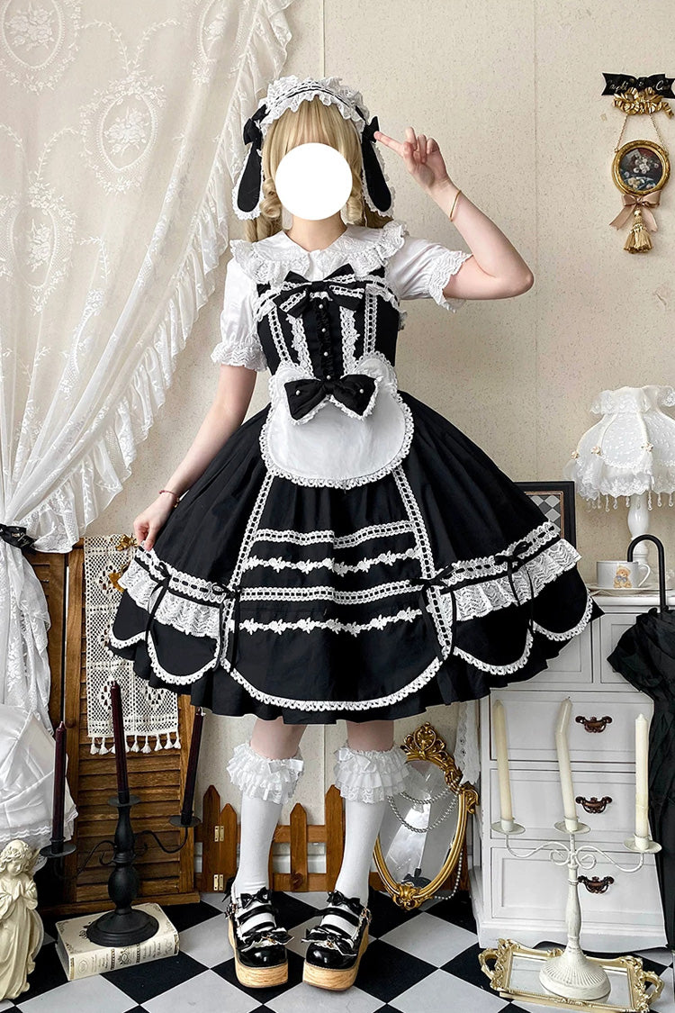 Black [Petal Bunny] Cotton Sleeveless Ruffled Bow Lace Sweet Elegant Lolita Jsk Dress