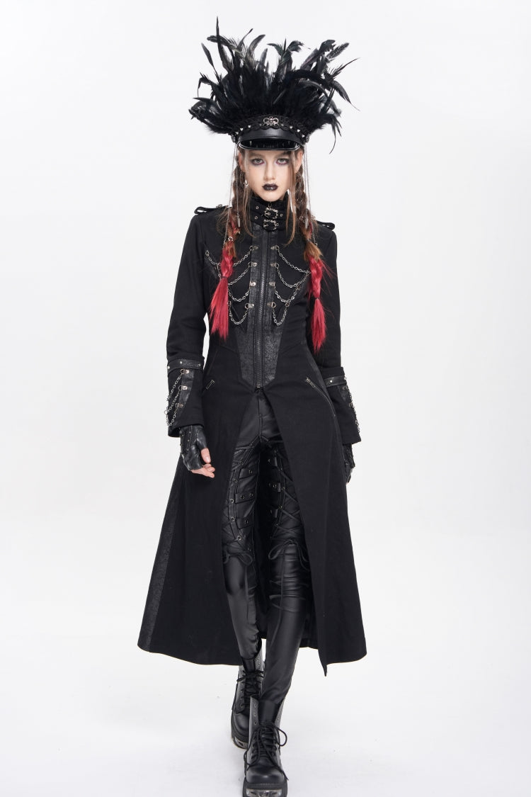 Black Stand Collar Long Sleeves Buckle Chain Women's Punk Jacket