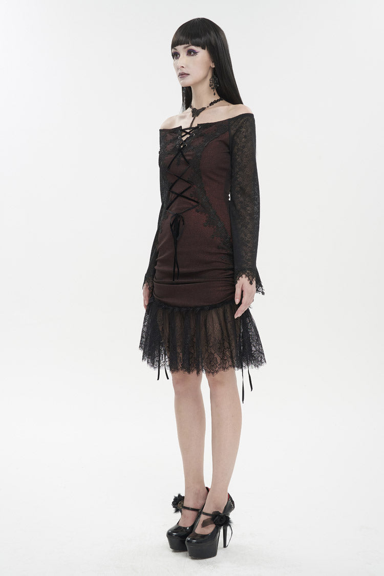 Red Elastic Texture One-Shoulder Hem Splicing Lace Bell Sleeve Women's Gothic Dress