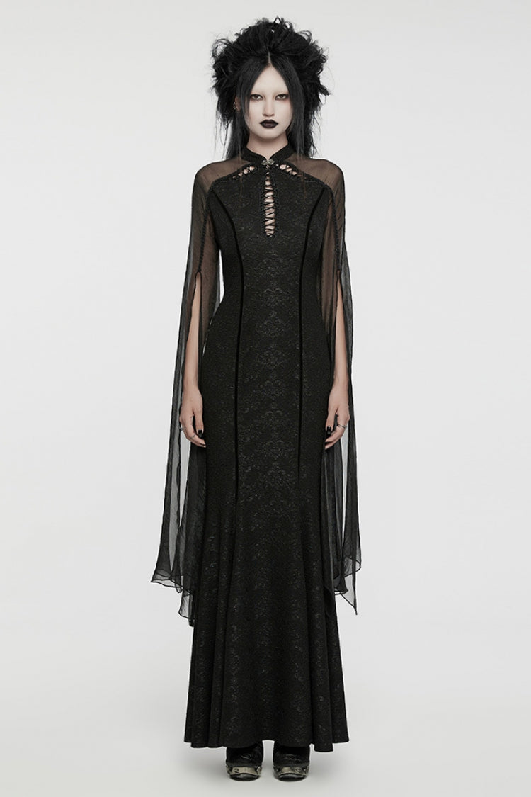 Schwarzes Cheongsam-Kragen-Chiffon-Nähte zerrissenes Gothic-Kleid für Damen