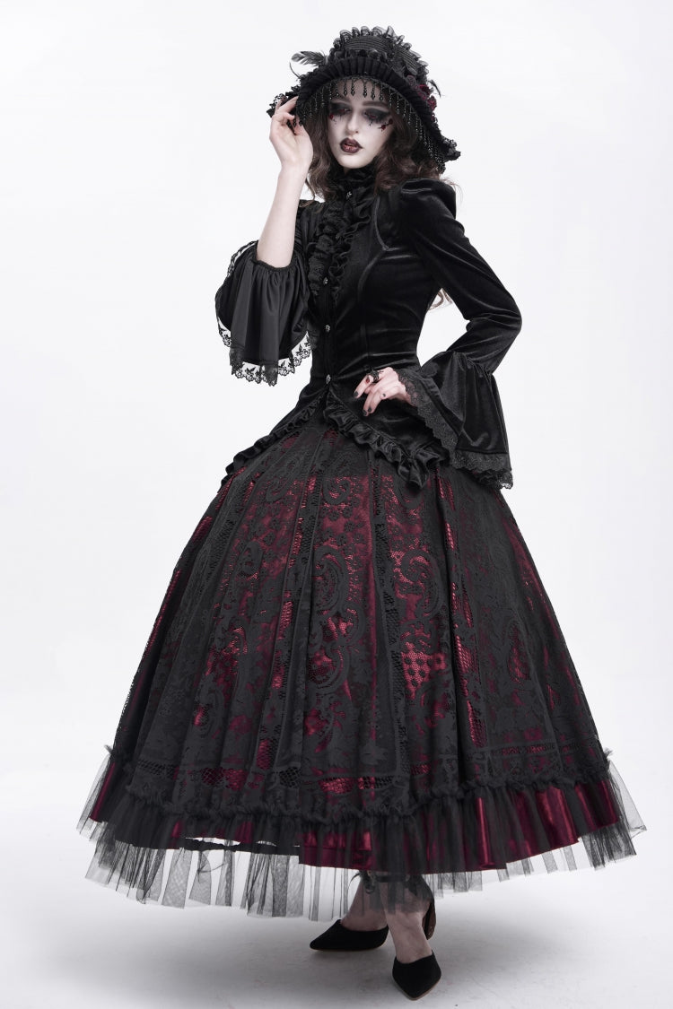 Black Stand Collar Long Trumpet Sleeves Ruffle Swallow-tailed Women's Gothic Blouse