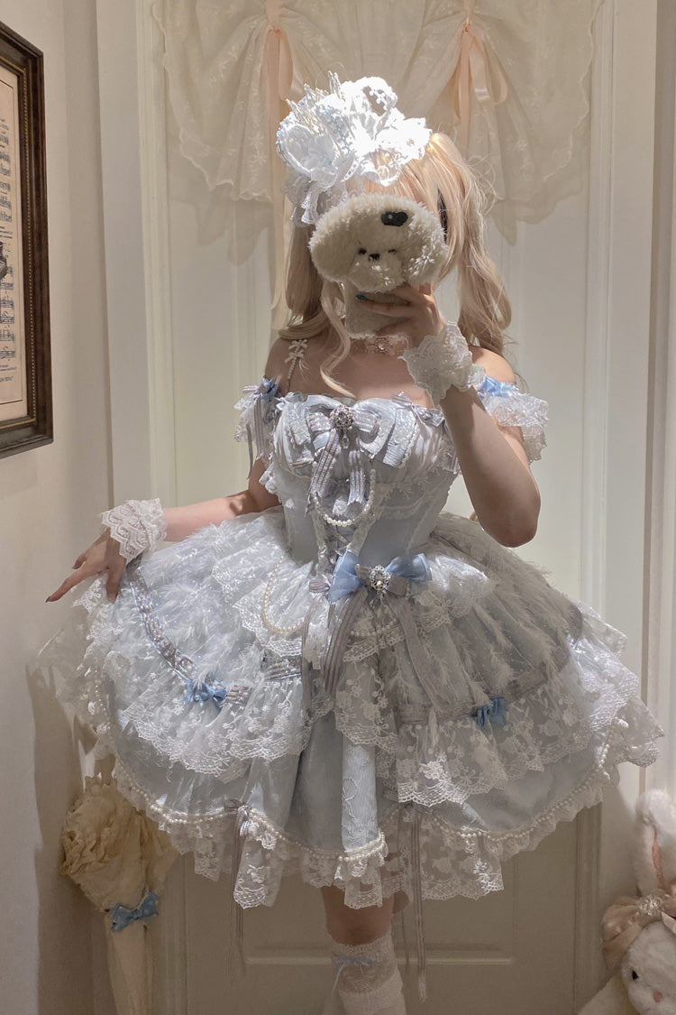 Bleu [Anna's Ball] Col carré à volants Hanayome Bow Lace Sweet Princess Ballet Lolita Jsk Dress