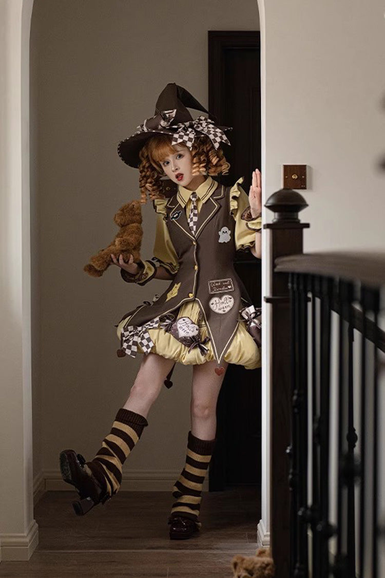 Brown/Yellow [Witch and Paradise] Short Sleeves Ruffle Bowknot Sweet Japanese Halloween Lolita Dress Vest Set