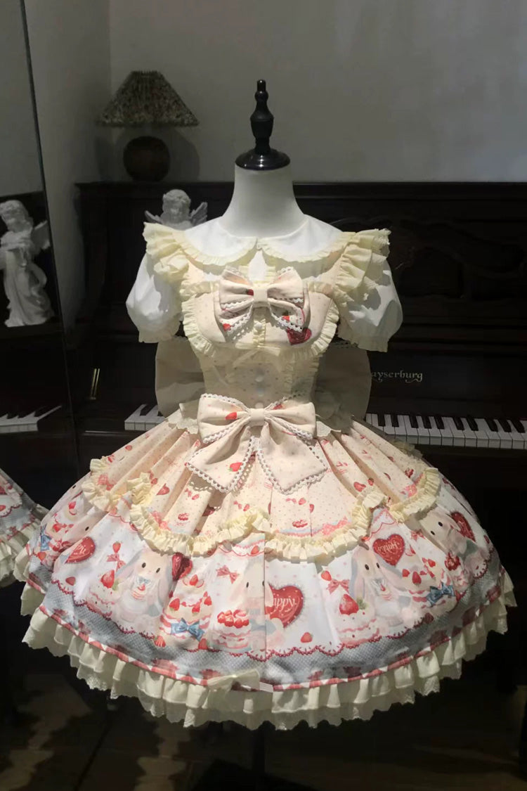 Robe jaune [Cute Rabbit Party] sans manches, double couche, imprimé, nœud à volants, douce Lolita Jsk