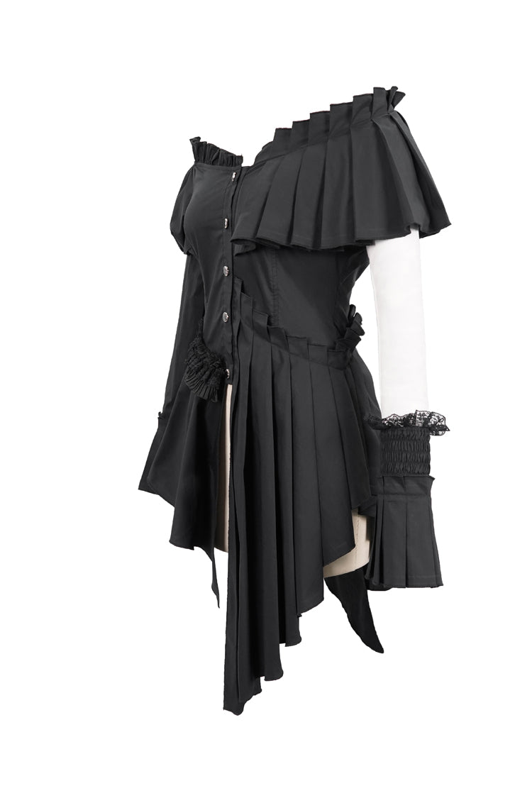 Black Off Shoulder Front Chest Frill Irregular Hem Women's Gothic Blouse
