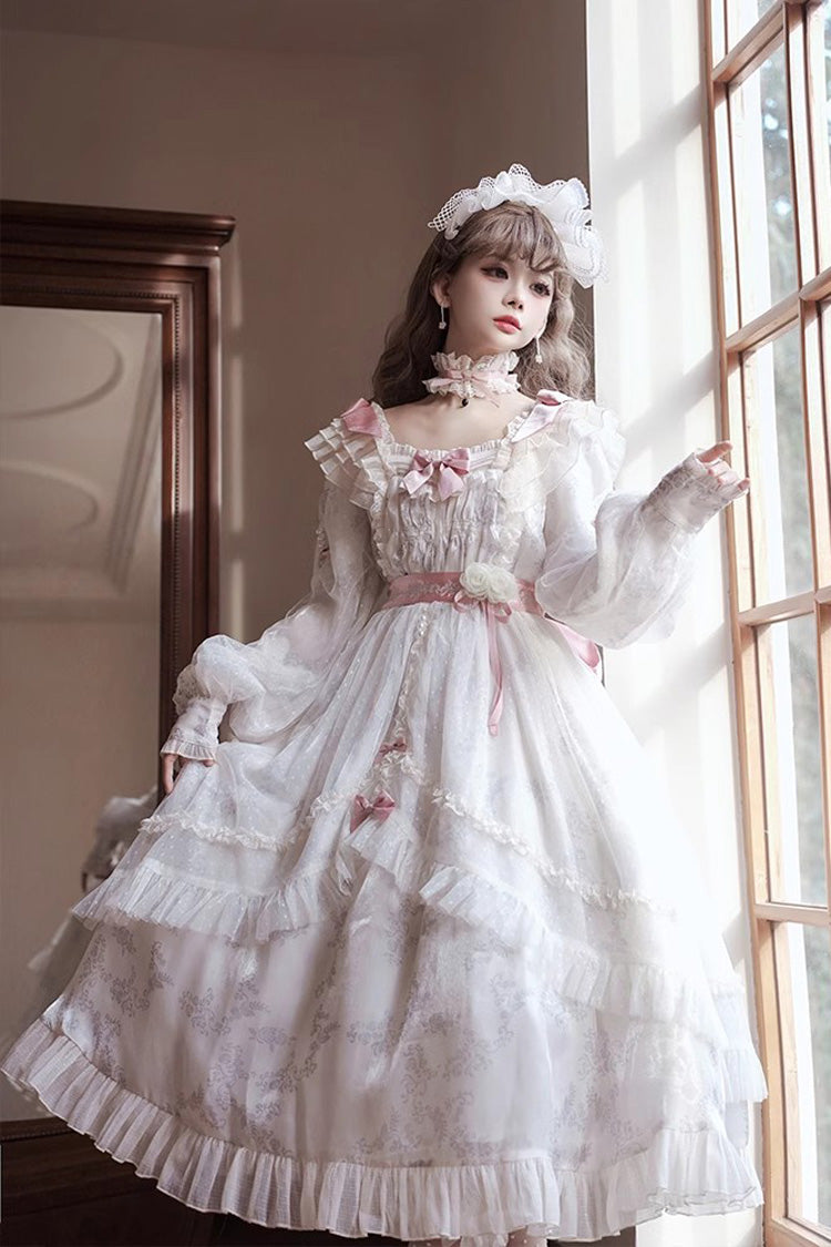 Ivory Long Sleeves Rose Print Bowknot Sweet Princess Lolita Dress