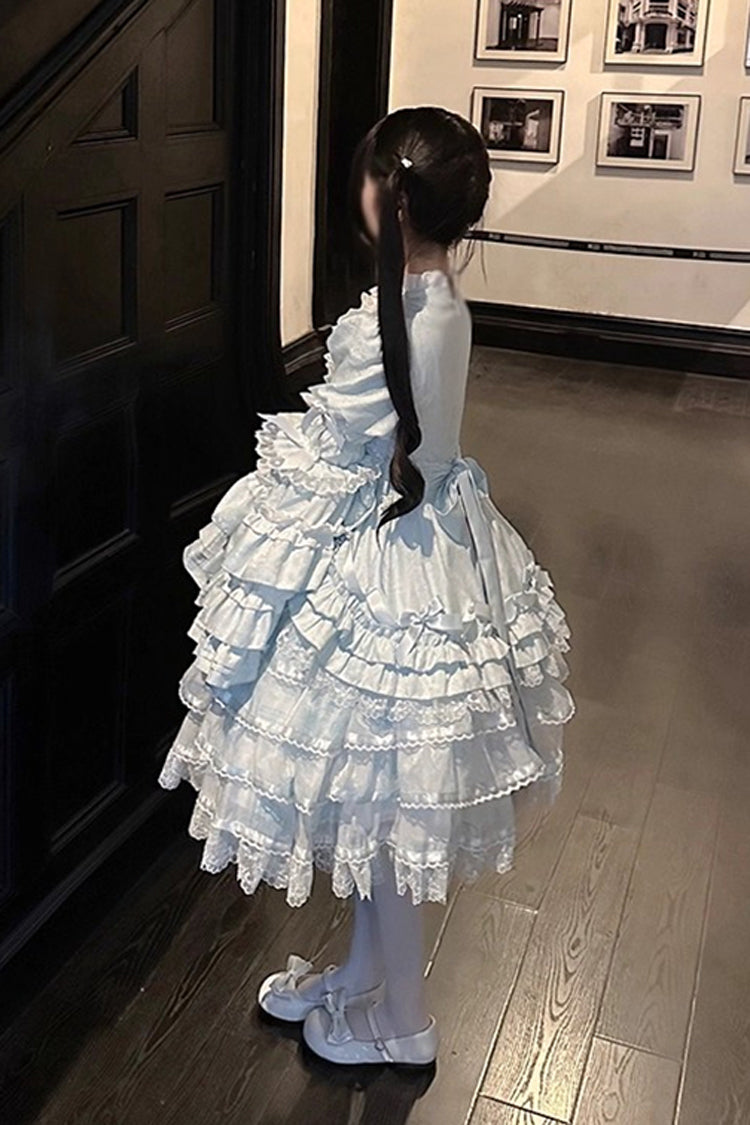 Blue [The Soloist Doll] Long Hime Sleeves Multi-Layered Print Ruffle Bowknot Asymmetric Sweet Lolita Dress