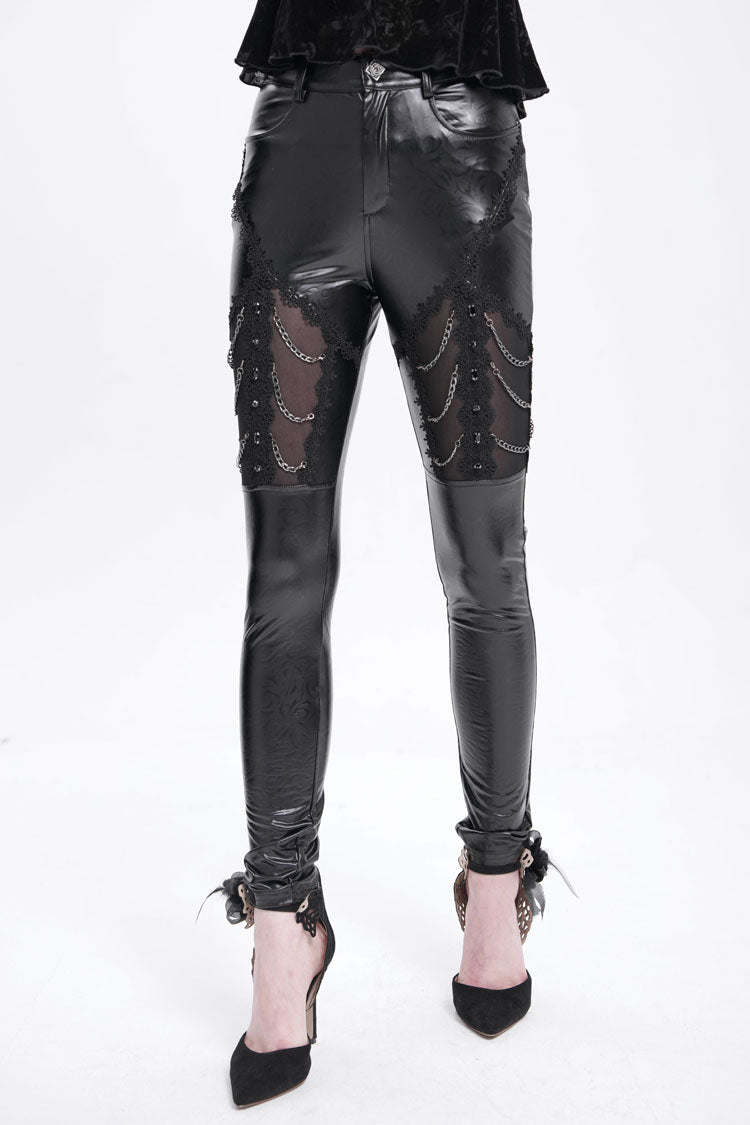 Schwarze Kette aus Kunstleder mit Spitzenbesatz Damen Gothic Hose 