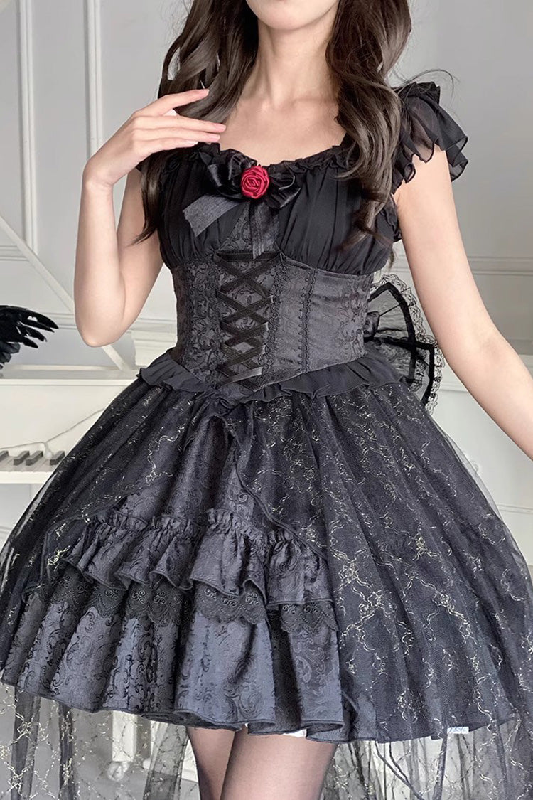 Black Short Sleeves Ruffle Rose Bowknot Elegant Princess Gothic Lolita Tiered Dress