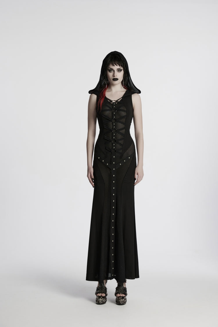 Schwarzes, schulterfreies, ärmelloses, gespleißtes, schmales, mit Netz besetztes Ösen-Punk-Kleid für Damen