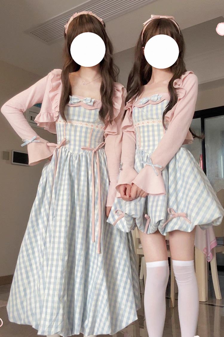 Blue [Sea Salt Strawberries] Sleeveless Plaid Print Bowknot Sweet Lolita Jsk Short Dress