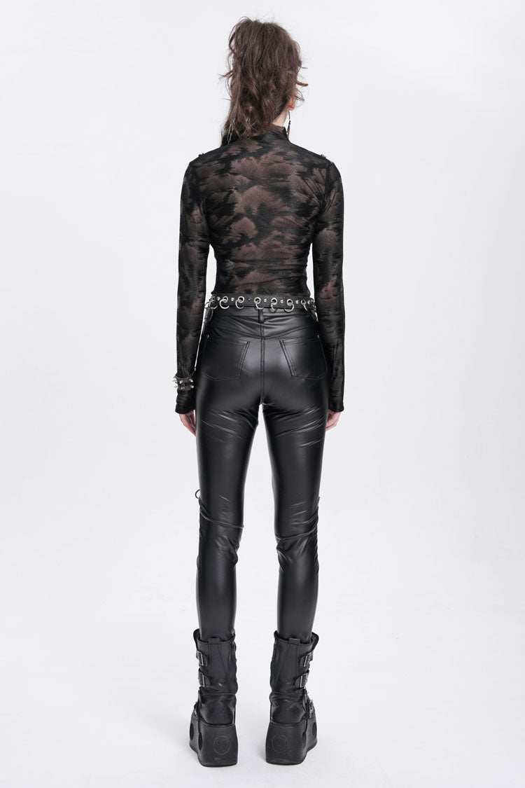 Black Stand Collar Sheer Studded Women's Punk Blouse