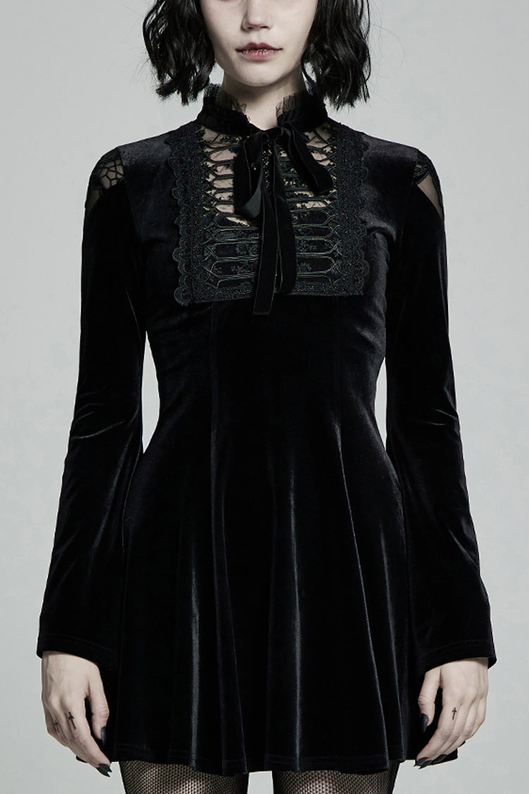 Black Long Trumpet Sleeves Hollow Lace-Up Women's Gothic Dress
