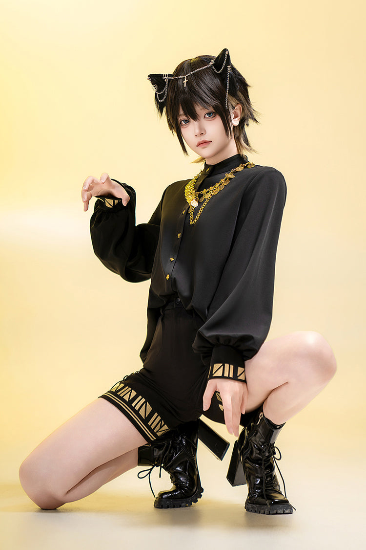 Black [Black Cat] Print Embroidery Ouji Gothic Vintage Prince Handsome Lolita Shorts