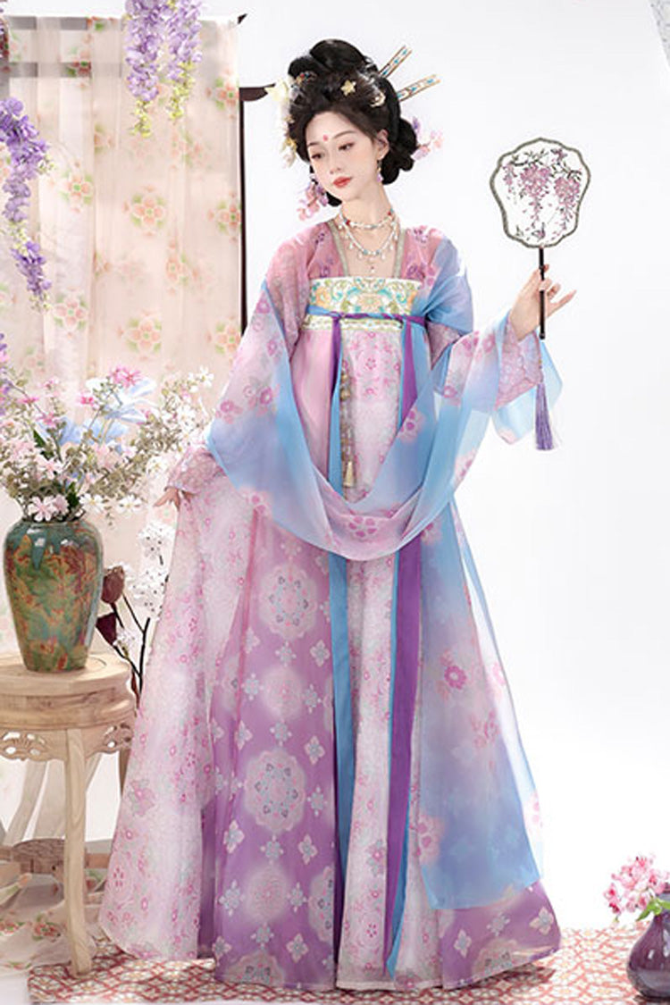 [Wisteria Tale] Long Sleeves High Waisted Printed Embroidered Women's Casual Sweet Classic Hanfu Set