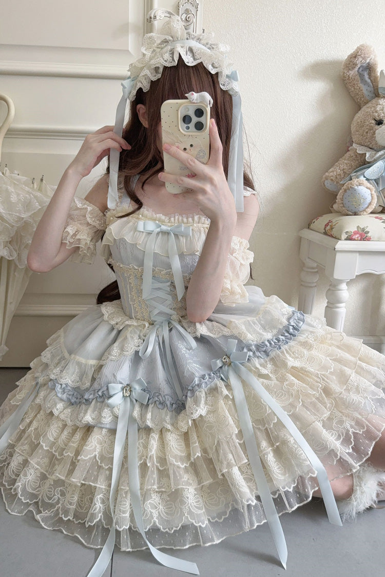 Blue [Ribbon Heart Love] Sleeveless Multi-Layered Ruffle Bowknot Lace Lace-Up Sweet Princess Ballet Lolita Jsk Dress