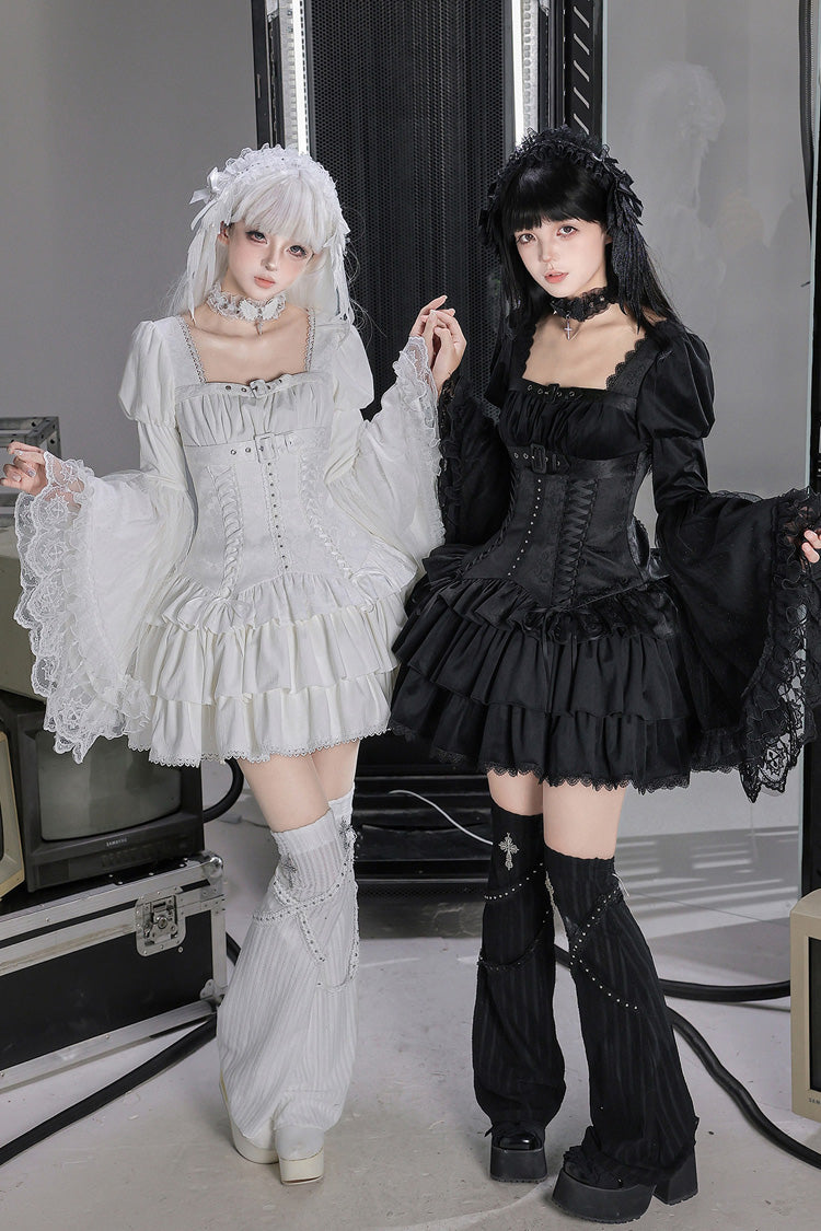 Gothic Square Neckline Long Puff Sleeves Bell Sleeves High Waisted Lace-Up Ruffled Women's Lolita Dress 2 Colors (Black, White)