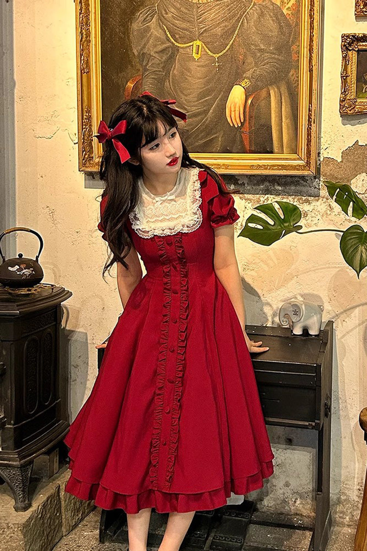 Wine Red Annie's Gift Short Sleeves Bowknot Sweet Lolita Dress (Plus Size Support)