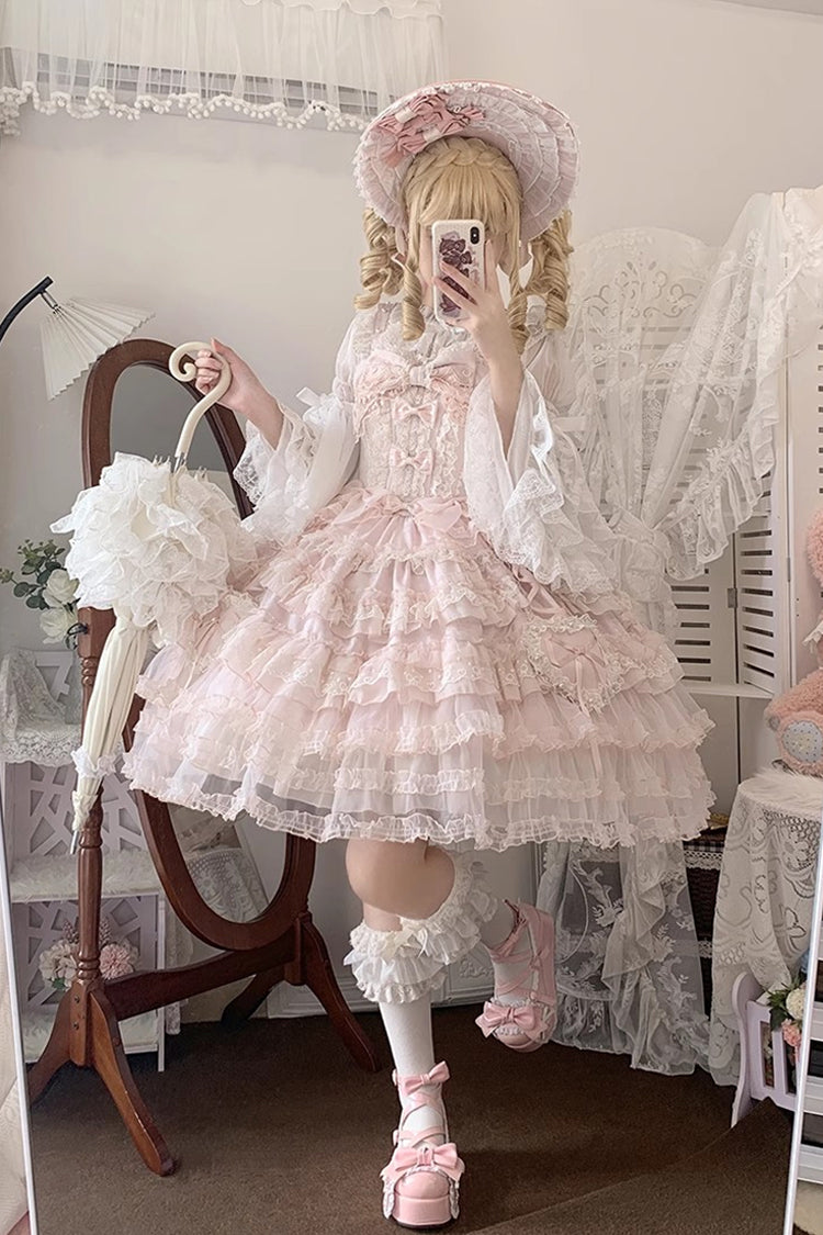 Pink [Sweetheart Diary] Multi-Layered Ruffle Hanayome Embroidery Bowknot Lace Sweet Lolita Jsk Dress