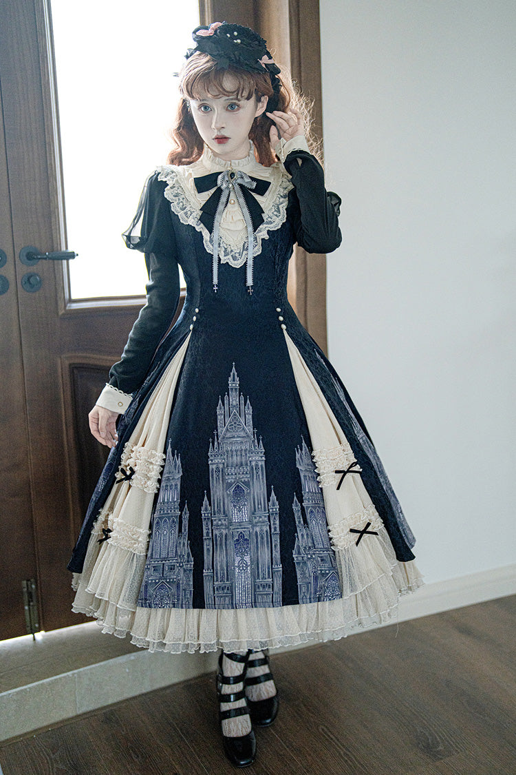 Black/White Church Bells Print Ruffle Cardigan Bowknot Gothic Elegant Lolita Dress