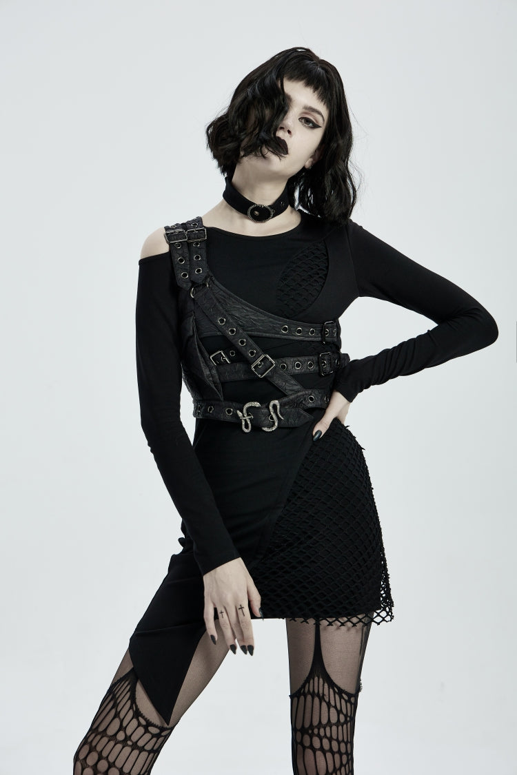 Schwarzes Damen-Punk-Accessoire mit asymmetrischer Schnalle, Öse und Tasche