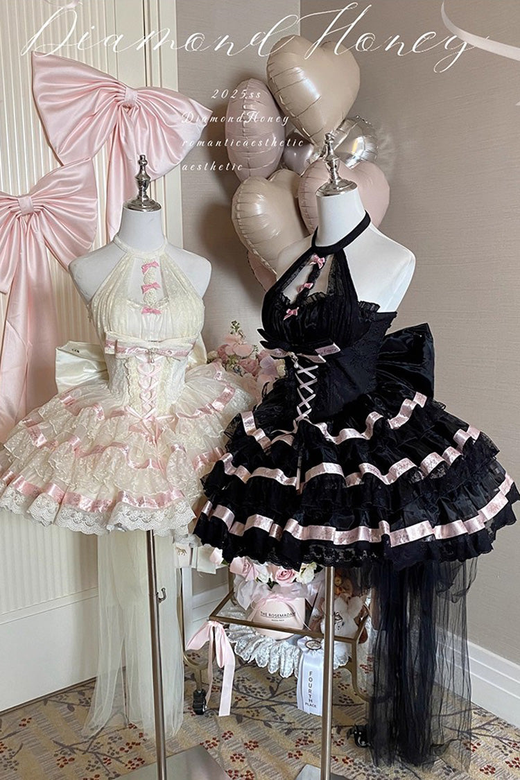Robe Lolita Beige [Ballet Dream] à col licou avec volants à trois couches, nœud papillon et laçage, style princesse douce 