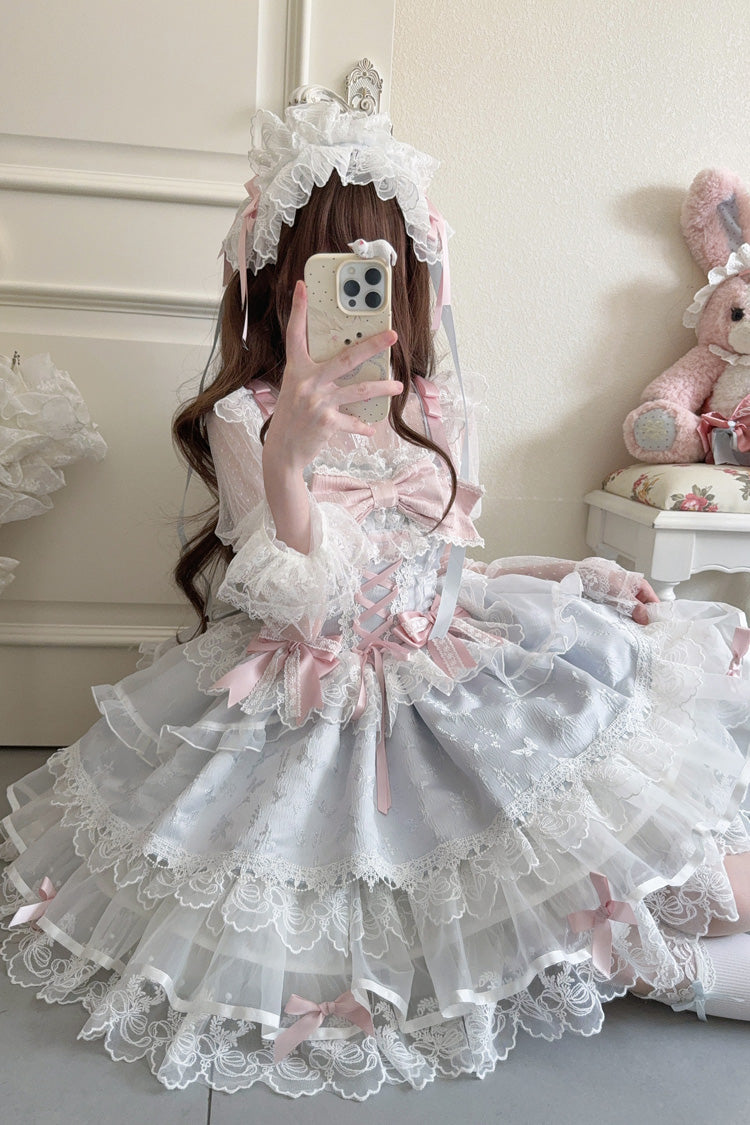 Robe Jsk Lolita Ballet Douce Slim en Dentelle à Nœud à Volants Sans Manches [Île Fleishi Bleue] 