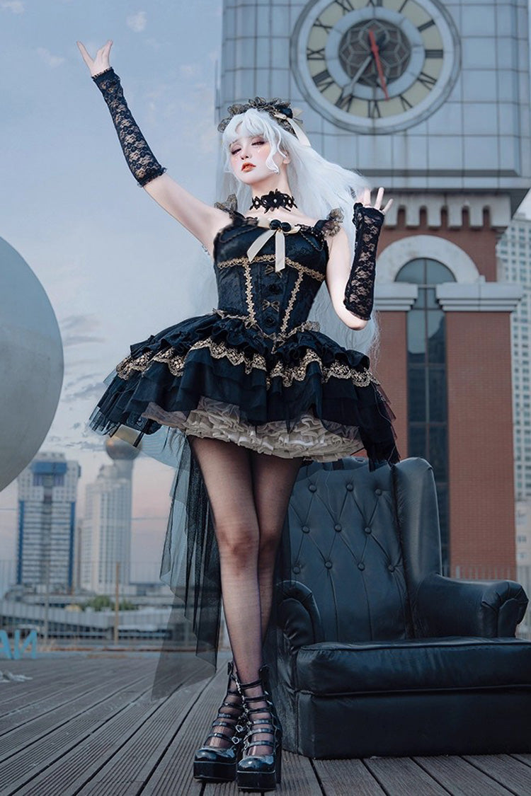 Black [Fleeting Light and Shallow Dream] Sleeveless Multi-Layered Ruffle Bowknot Lace Slim Gothic Ballet Lolita Jsk Dress