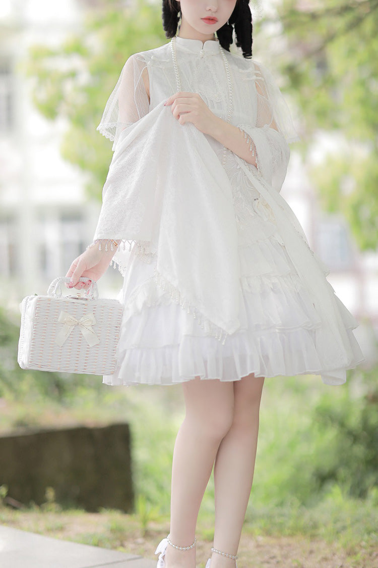 White Stand Collar Ruffle Chinese Qi Shawl Sweet Lolita Dress