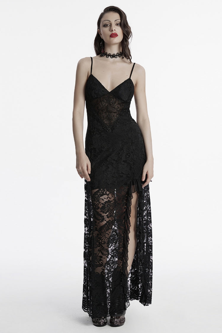 Black Sleeveless Plunging Split Hollow Embroidery Lace Women's Gothic Evening Slip Dress