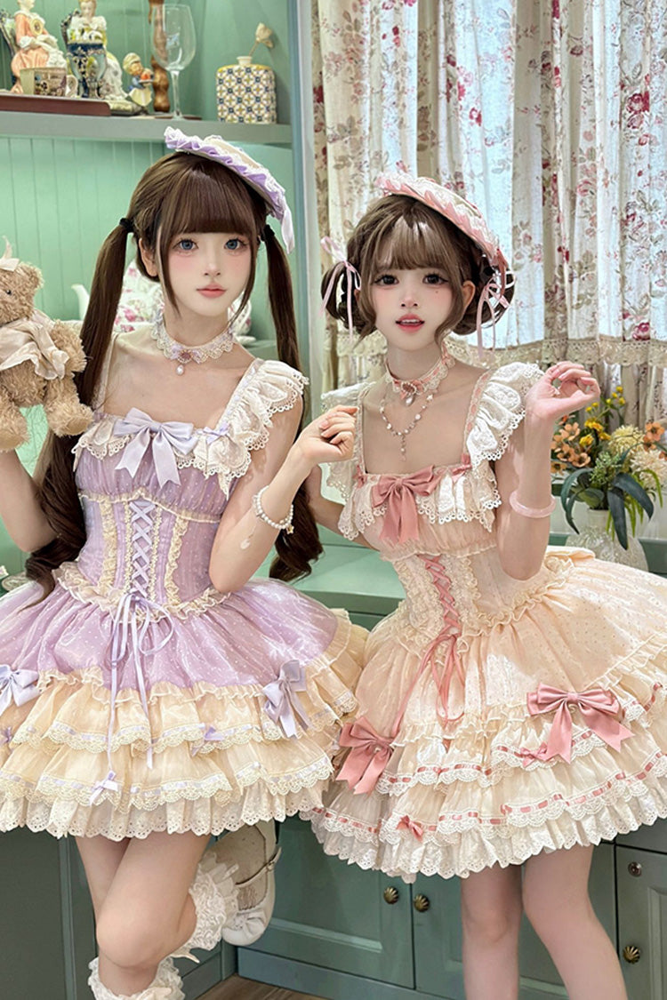 パープル [Flory Butterfly] ダブルレイヤード ラッフル ボウノット レース レースアップ スイート バレエ ロリータ Jsk ドレス 