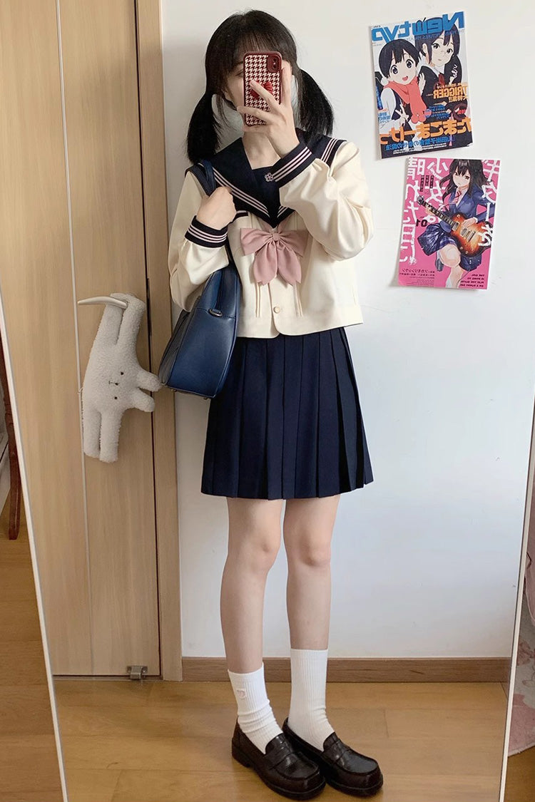 Dark Blue/Ivory Sailor Collar Long Sleeves Sweet Japanese School Skirt Set