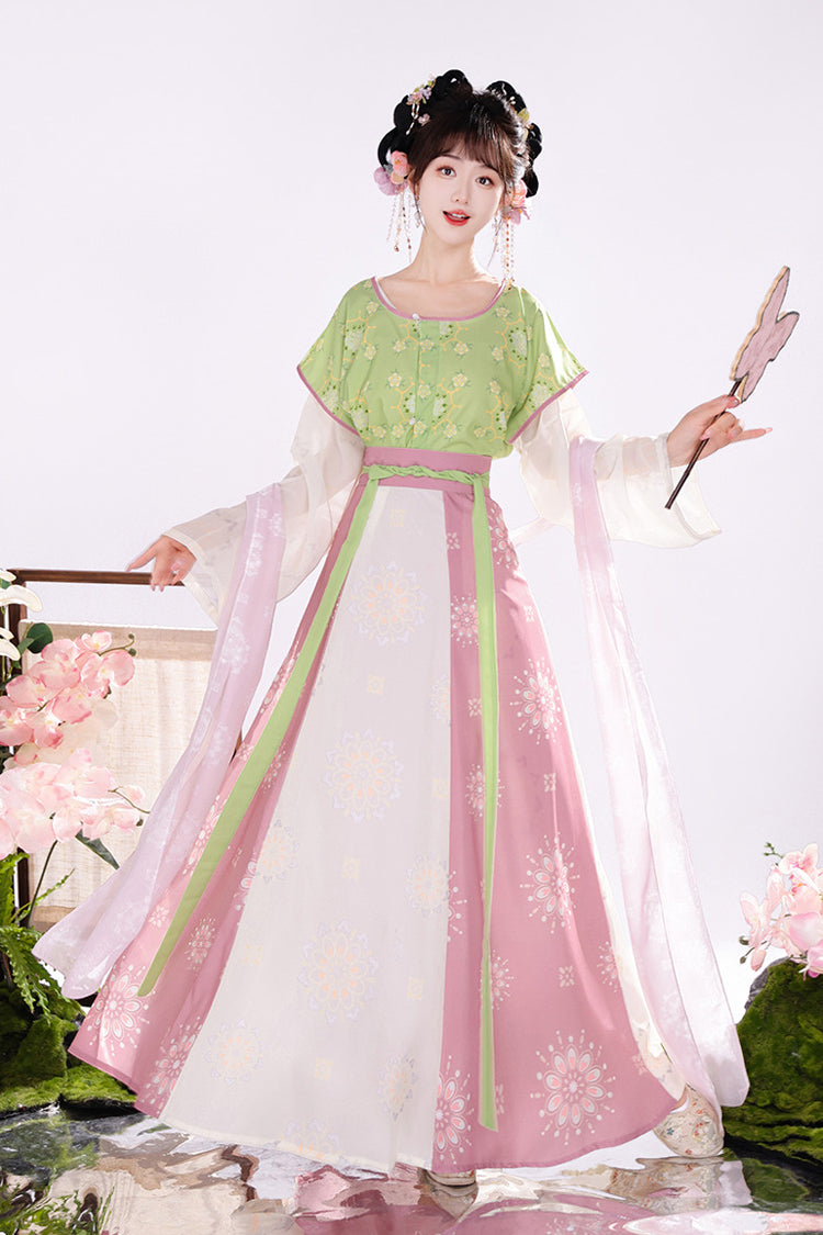 Pink/Green Round Collar Short Sleeves High Waisted Print Women's Chinese Style Hanfu Dress Full Set
