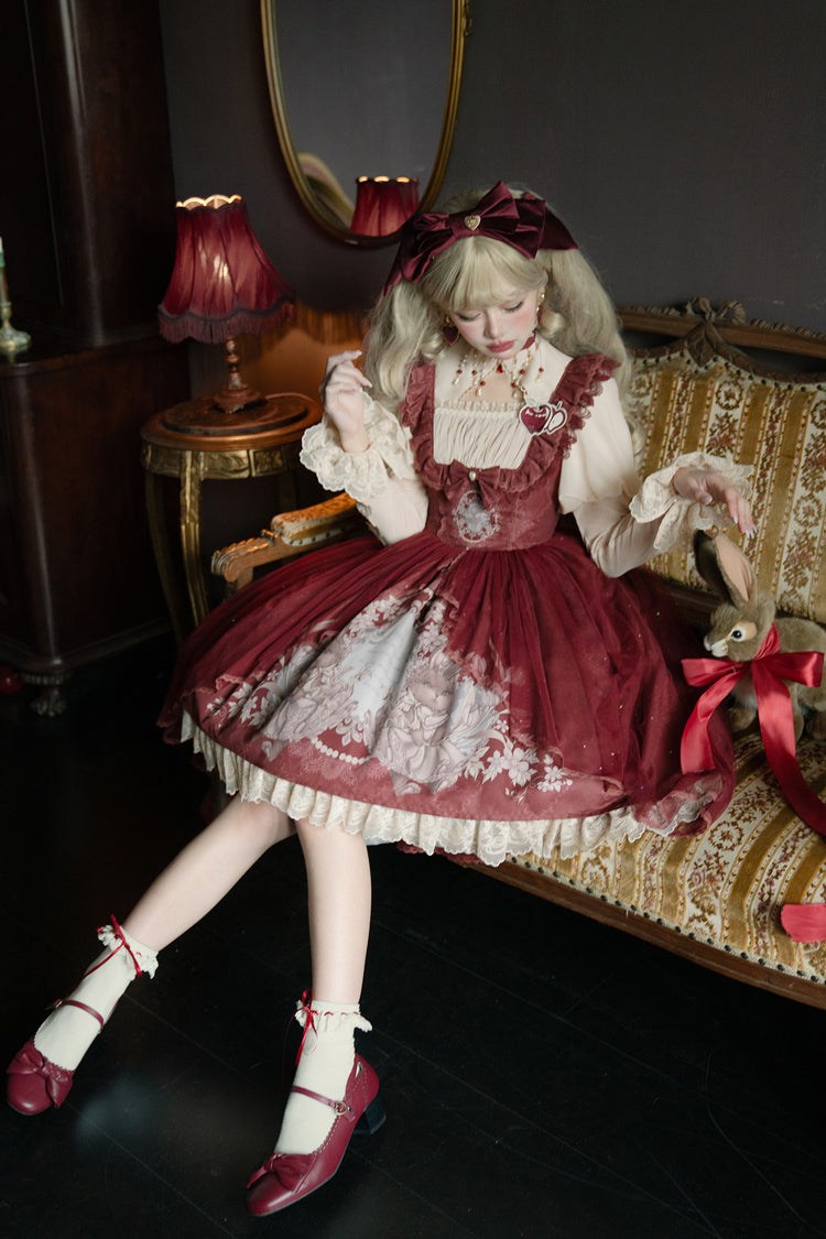 Red Bunny Tea Party Print Ruffle Bowknot Sweet Lolita Jsk Dress