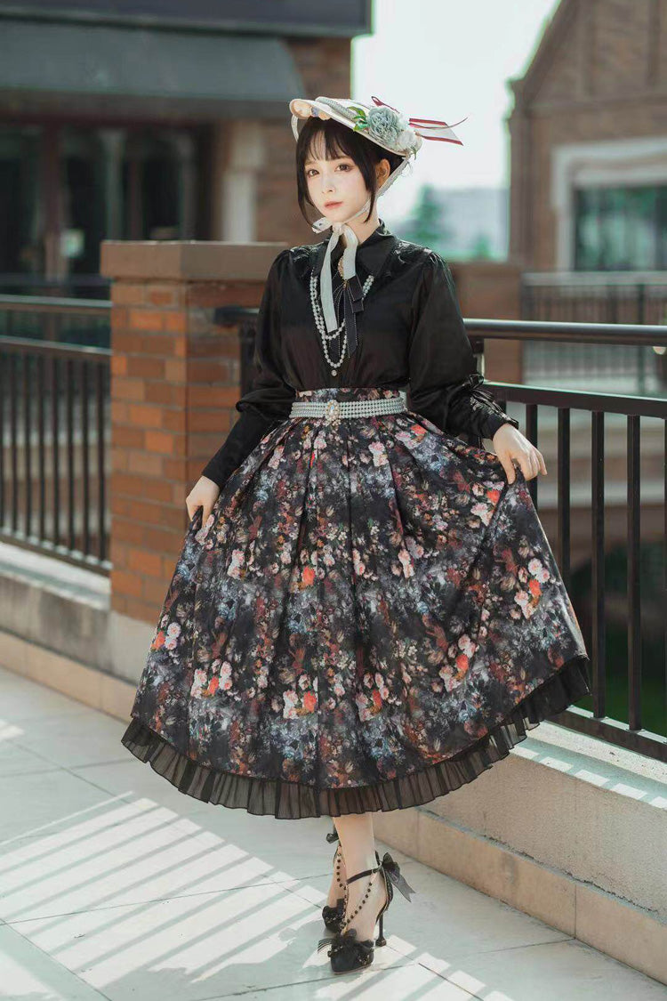 Black [Afternoon Tea] Floral Printed Ruffled Gothic Lolita Skirt