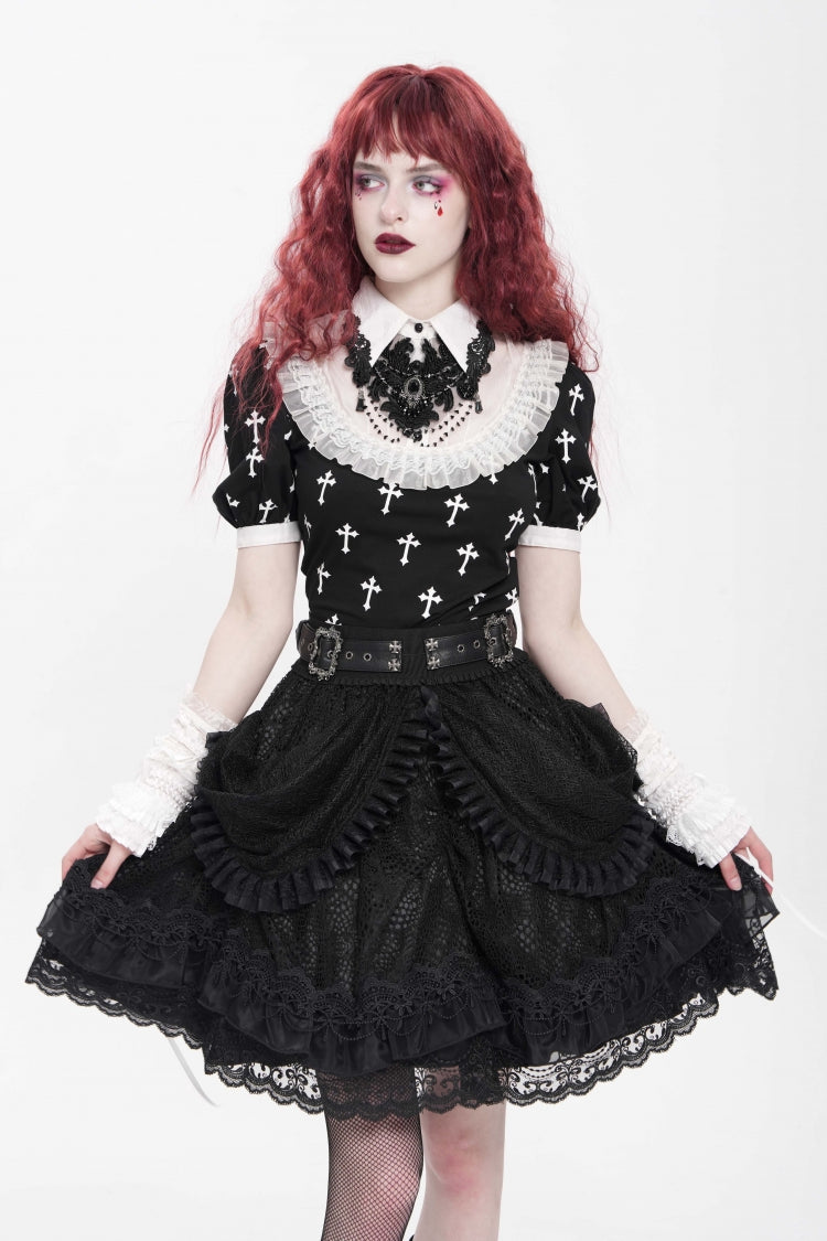 Black Multi-Layered Ruffle Buckle Straps Women's Gothic Skirt