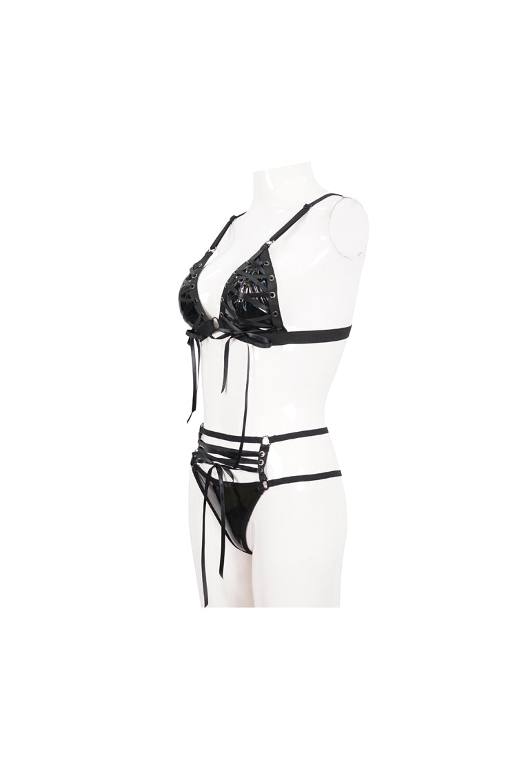 Black Stretch Magic Bright Leather Rope Women's Punk Interesting Underwear Set
