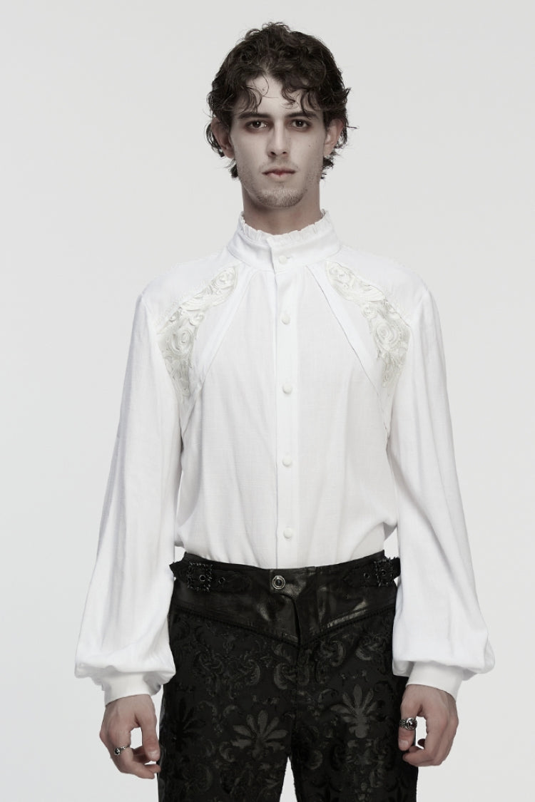 White Stand Collar Long Lantern Sleeves Floral Jacquard Men's Gothic Blouse