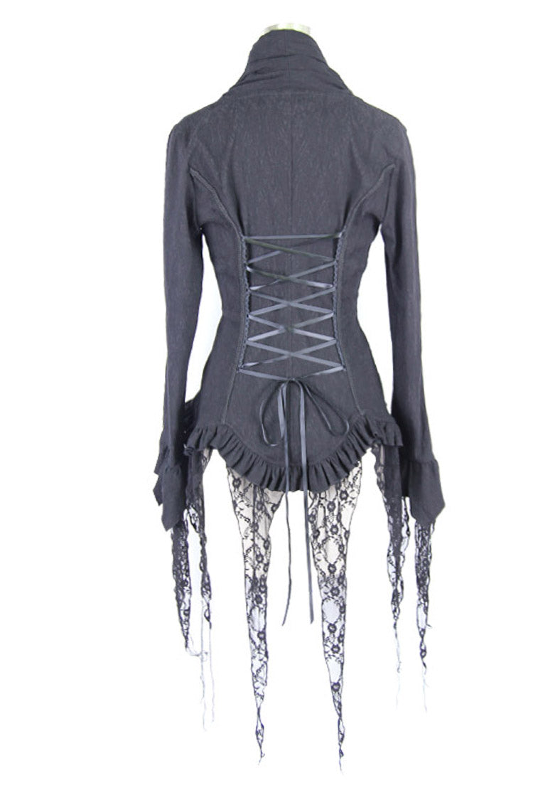 Schwarze Retro-Punk-Bluse mit tiefem V-Ausschnitt und Quasten und langen Ärmeln