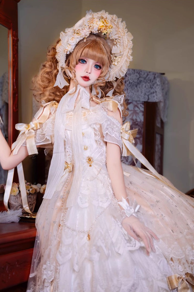 Yellow [Glazed Phantom] Off Shoulder Ruffle Hanayome Bowknot Lace Sweet Elegant Lolita Dress