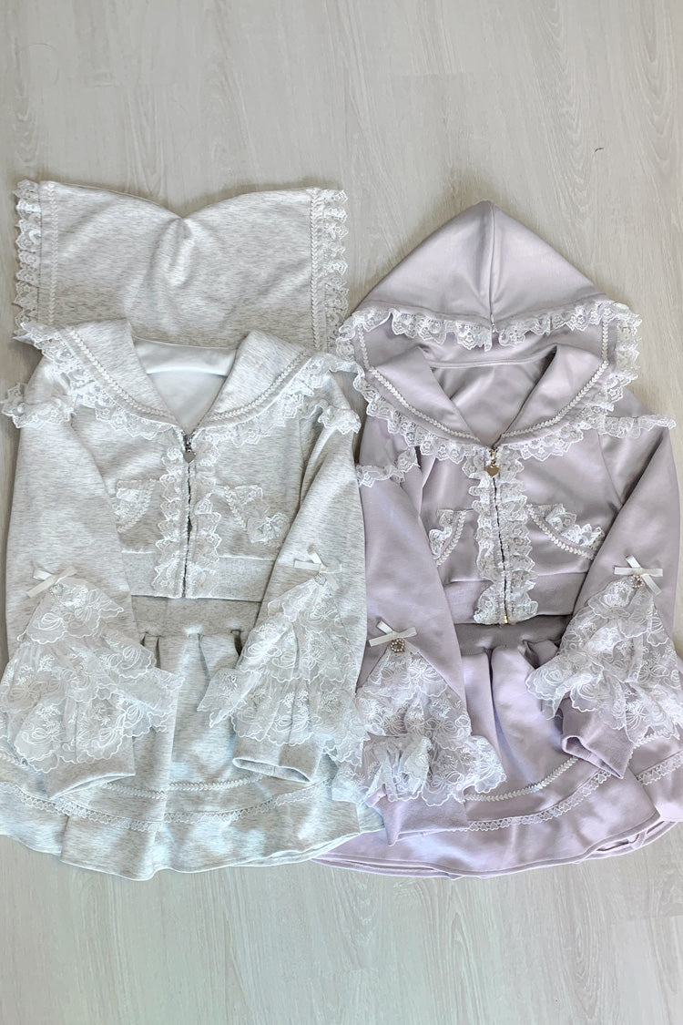 Grey [Heartbeat Rhythm] Long Sleeves Ruffle Lace Hooded Jirai Kei Japanese Skirt Set