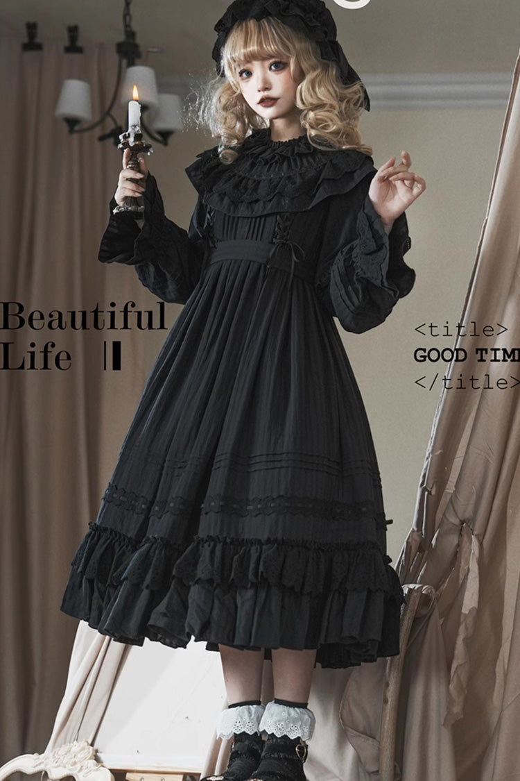 Black [Good Night] Long Sleeves Double-Layered Ruffle Bowknot Lace-Up Holy Gothic Lolita Dress