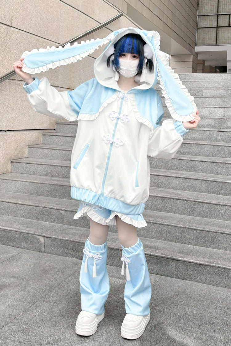 White/Blue Rabbit Ears Long Sleeves Ruffle Hooded Jirai Kei Japanese Coat