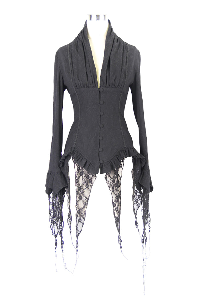 Schwarze Retro-Punk-Bluse mit tiefem V-Ausschnitt und Quasten und langen Ärmeln