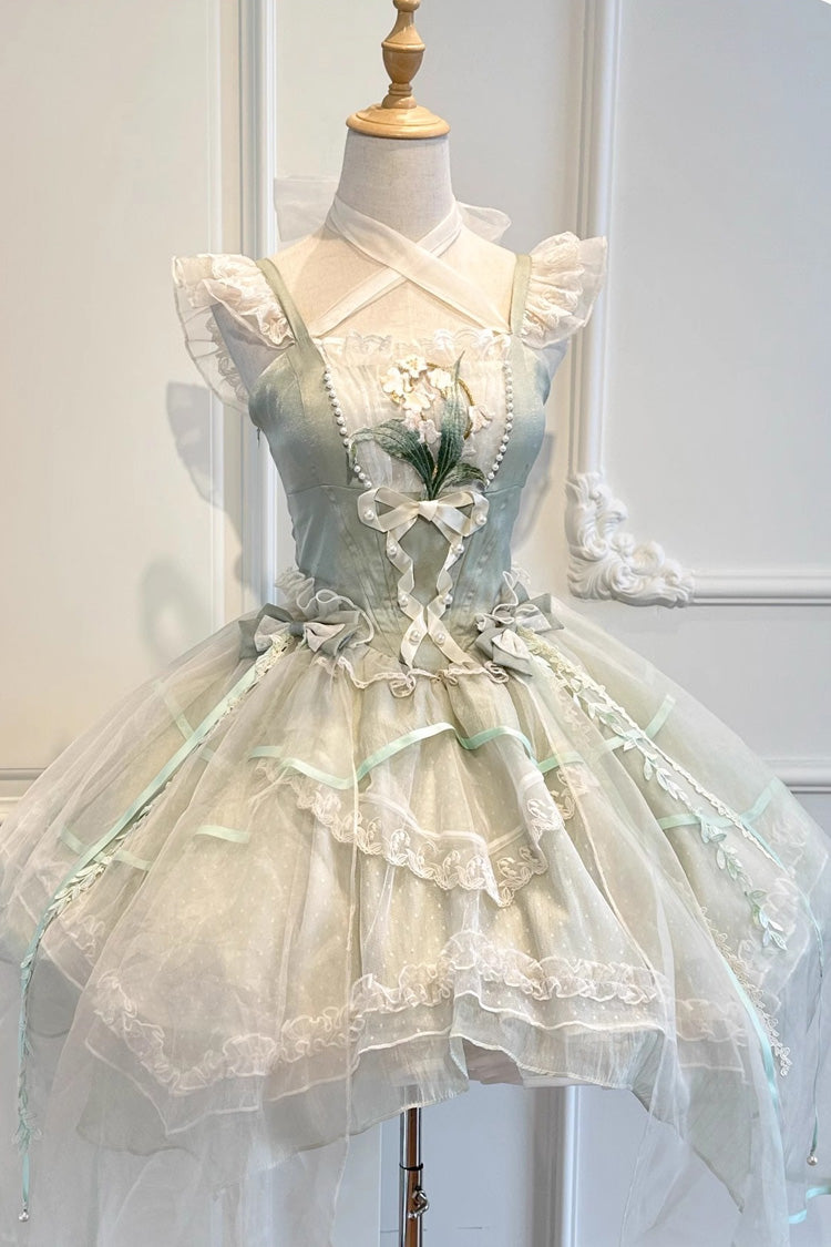 Green [Lily of the Valley Summer] Polka Dot Print Ruffle Bowknot Lace-Up Sweet Princess Lolita Jsk Dress