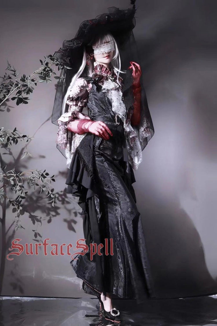 Black Faux Leather Snake Print Flared Fishbone Mermaid Gothic Lolita Skirt