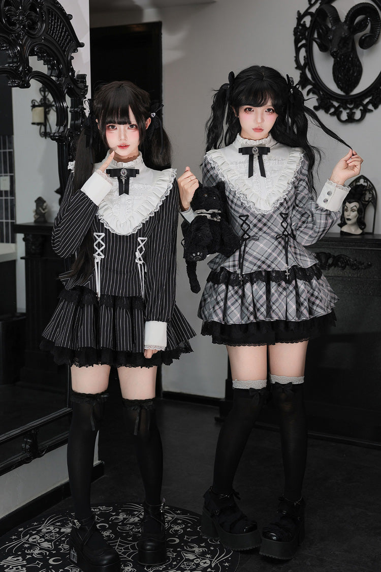 [Doki!] Stand Collar Long Sleeves Printed Ruffled Lace-Up Sweet Cool Lolita Dress 2 Colors(Black, Grey)